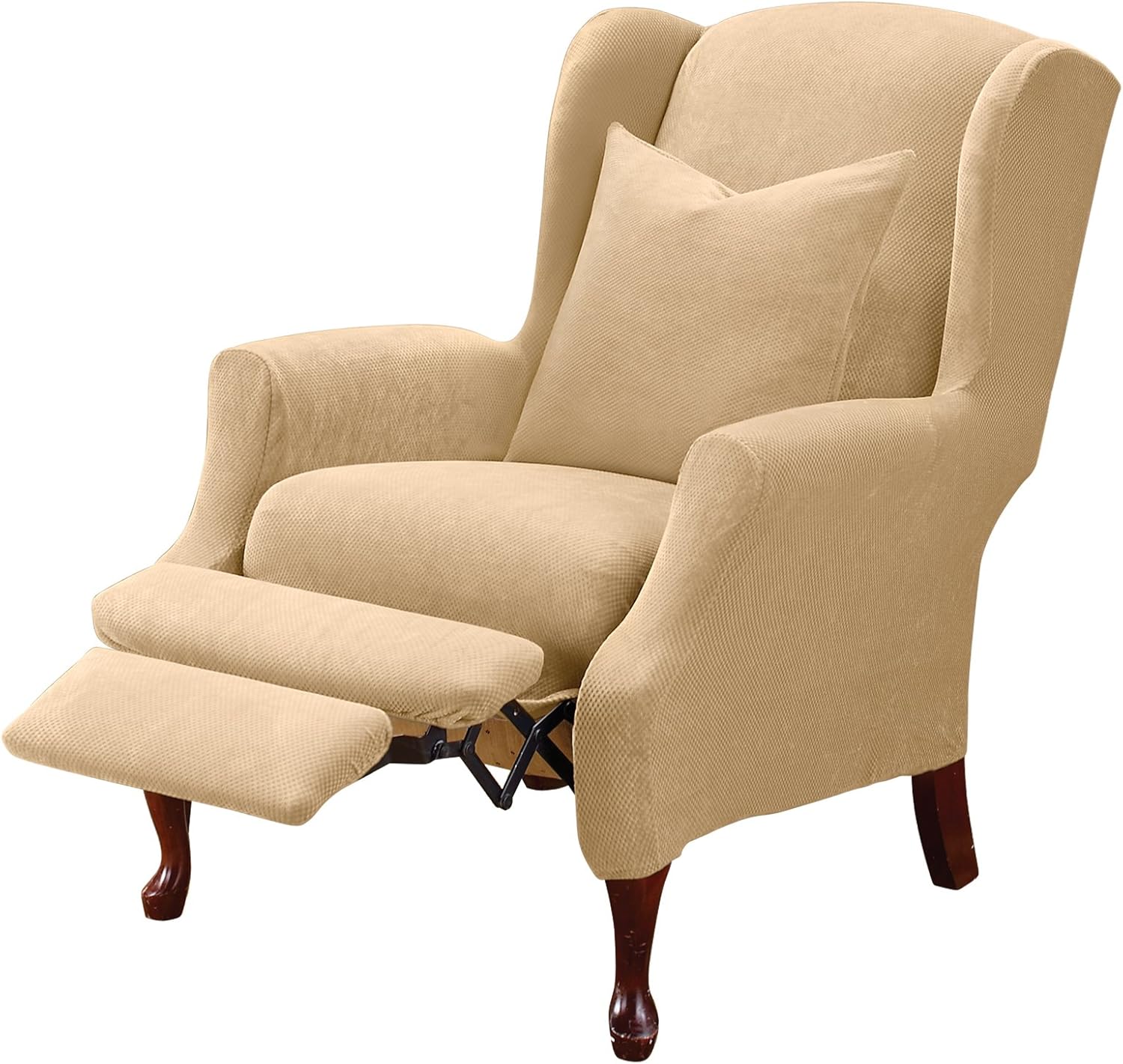 SureFit Home D??cor SF38684 Stretch Pique Box Cushion Recliner Wingback Chair Slipcover, Form Fit, Polyester/Spandex, Machine Washable, Two Piece, Cream Color