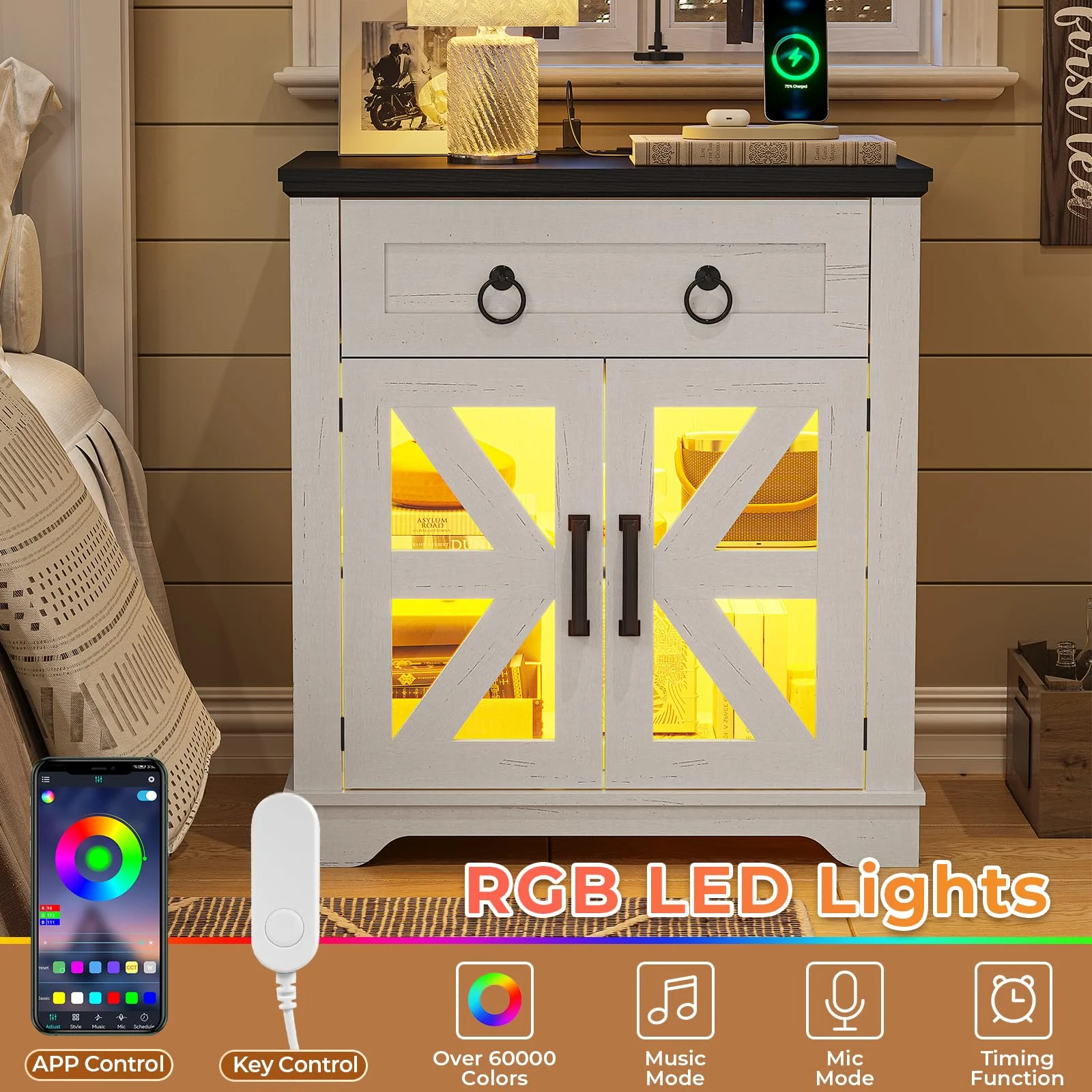 Farmhouse End Table with Charging Station, Side Table with LED Lights, White Night Stand for Living Room, Bedroom - Image 6