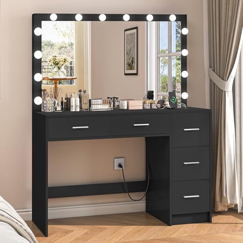Makeup Vanity Desk with Mirror, 10 Lights, 5 Drawers, 3 Storage Shelves, 3 Color Modes & Adjustable Brightness Dressing Table, 35.4?? Desk, Black - Image 26