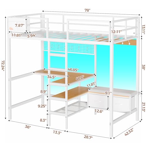 DICTAC Twin Loft Bed with L-Shaped Desk,Storage Shelves and Charging Station Metal Loft Bed Twin Size with LED Lights,Coat Rack with Drawers and Stair,Top Bunk with Safety Guardrail for Teen,Black - Image 11