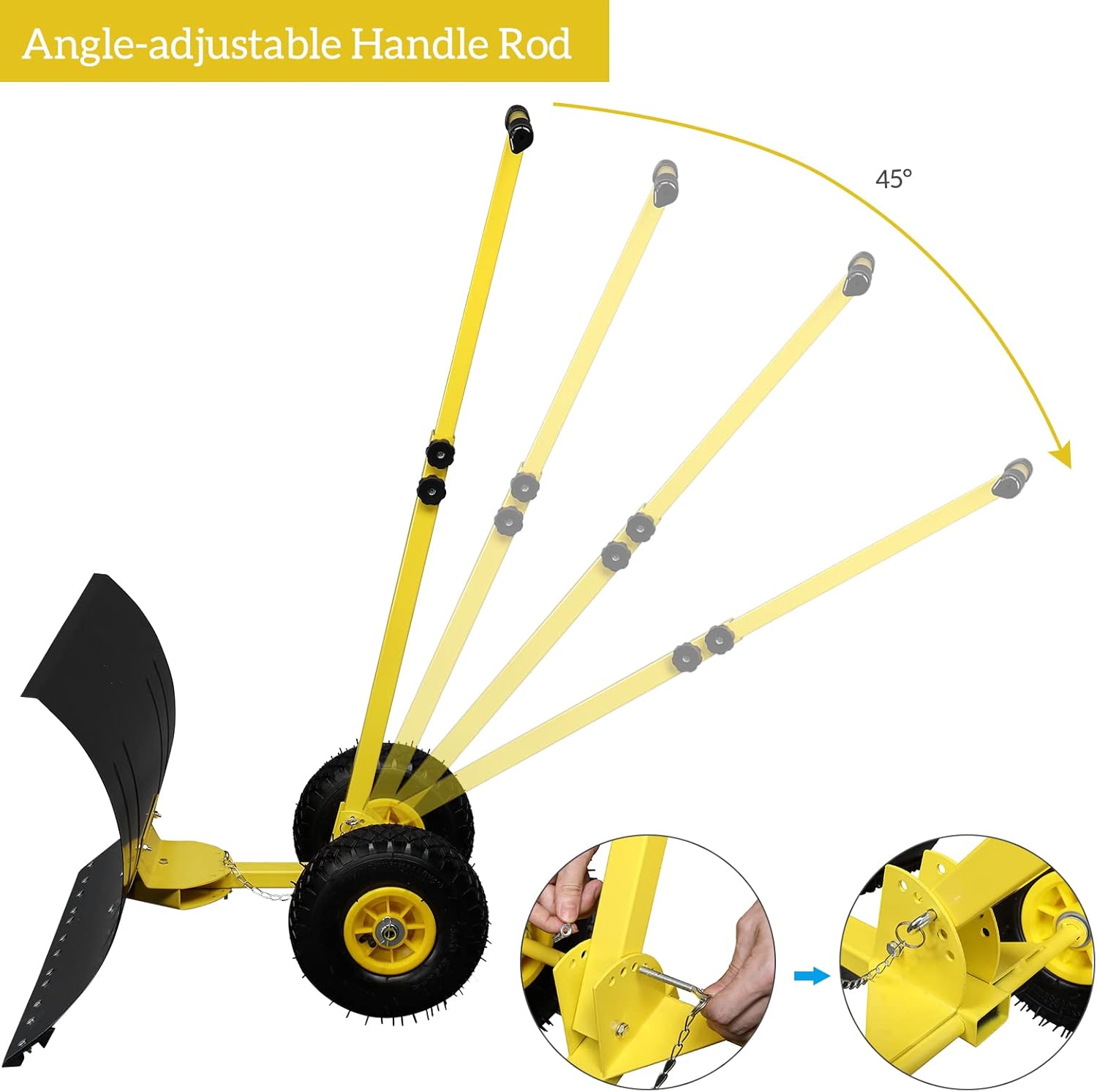 Outvita Snow Shovel with Wheels, 29 Wide 18 Long Snow Plow Shovel Angle & Height Adjustable Padded Handle Efficient Snow Clean Tool for Driveway or Pavement (Yellow) - Image 6