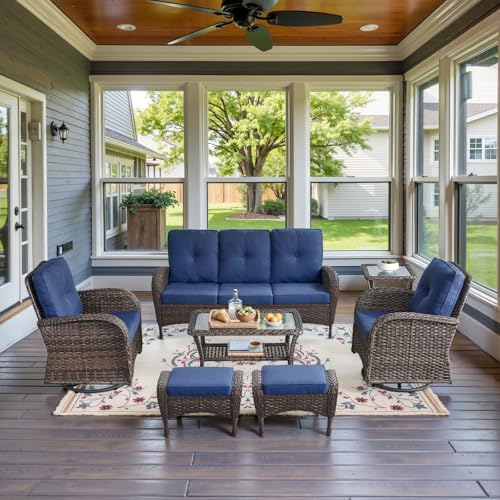 Patio Wicker Chairs Swivel Rocker – Outdoor Swivel Rocking Chairs Set of 2 with Rattan Side Table, Patio Swivel Glider Chair 3 Piece Patio Furniture Sets for Deck Porch Pool Brown/Blue - Image 96