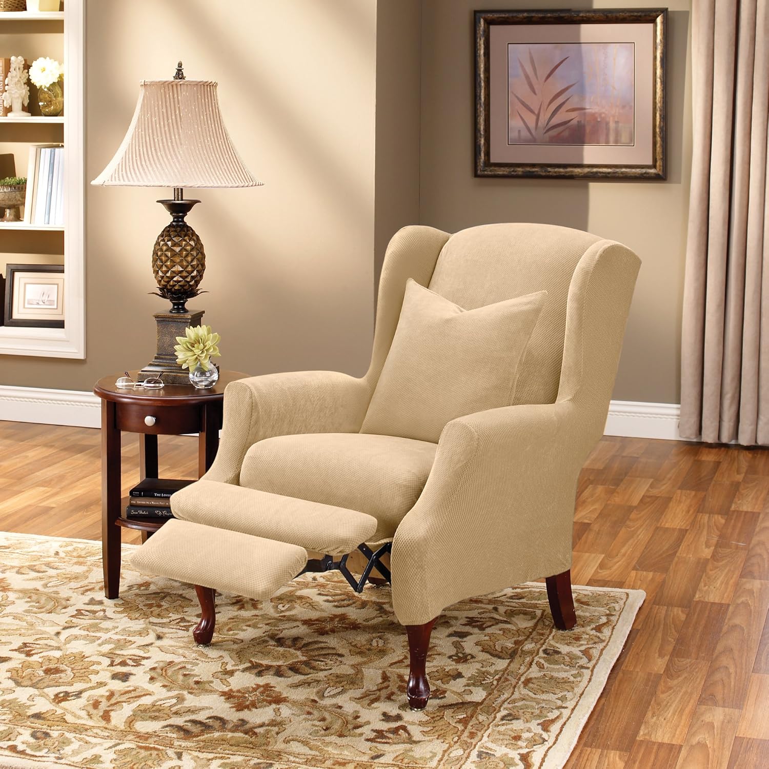 SureFit Home D??cor SF38684 Stretch Pique Box Cushion Recliner Wingback Chair Slipcover, Form Fit, Polyester/Spandex, Machine Washable, Two Piece, Cream Color - Image 2