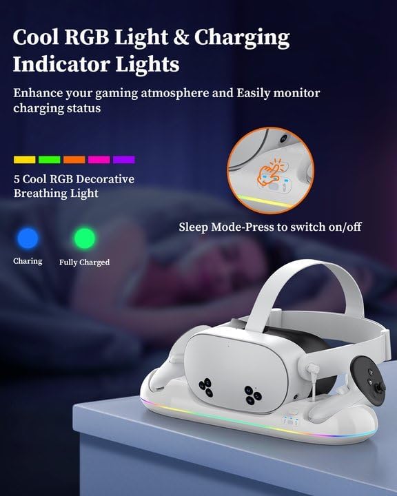 Charging Dock for Meta Quest 3S/3/2, 20W Magnetic Charging Station for Oculus Quest 3S/3/2 Accessories with Rechargeable 2X2100mAh Batteries, RGB Charging Stand for VR Headset & Controllers - Image 6