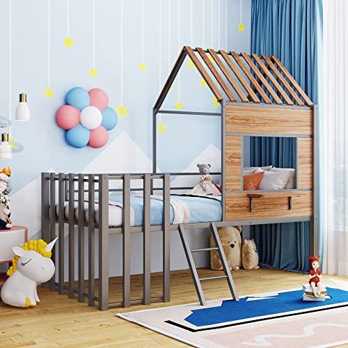 Harper & Bright Designs Kids House Beds Low Loft Bed Frame with Roof, Window, Guardrail and Ladder, Metal Twin Size Loft Bed for Kids Teens Girls Boys (Twin, White) - Image 3