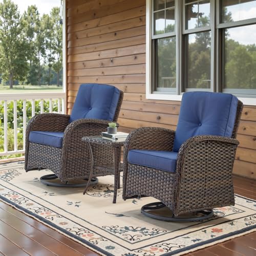 Patio Wicker Chairs Swivel Rocker – Outdoor Swivel Rocking Chairs Set of 2 with Rattan Side Table, Patio Swivel Glider Chair 3 Piece Patio Furniture Sets for Deck Porch Pool Brown/Blue - Image 100