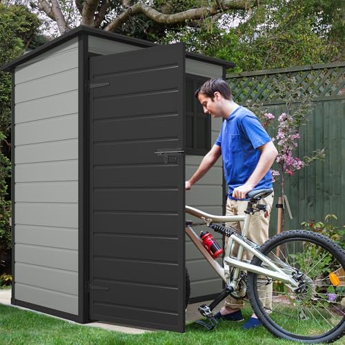 DWVO 5x3ft Resin Outdoor Storage Shed with Floor, Waterproof Lockable Storage Shed with Window, Plastic Outside Tool Storage for Garden, Backyard, Patio, Lawn, Gray - Image 10