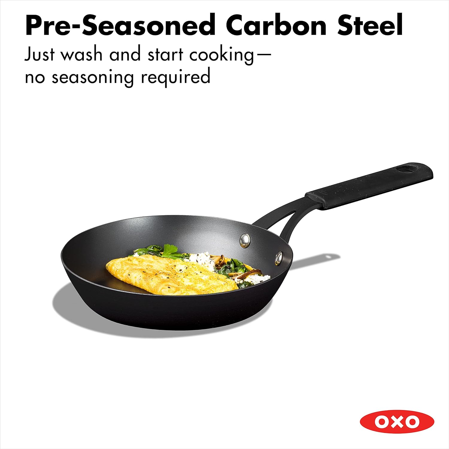 OXO Obsidian Pre-Seasoned Carbon Steel, 12 Wok Pan with Removable Silicone Handle Holder, Induction, Oven Safe, Black - Image 10