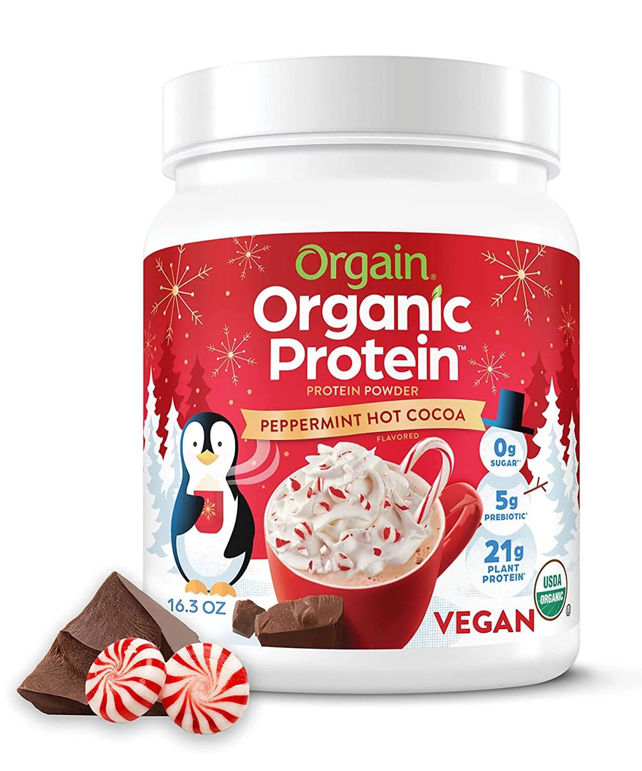 Orgain Organic Plant Based Protein Powder, Peppermint Hot Cocoa Seasonal Holiday Flavor – 21g of Protein, Vegan, Non Dairy, Gluten Free, 2g of Fiber, No Sugar Added, Soy Free, Non-GMO, 1.02 Lb
